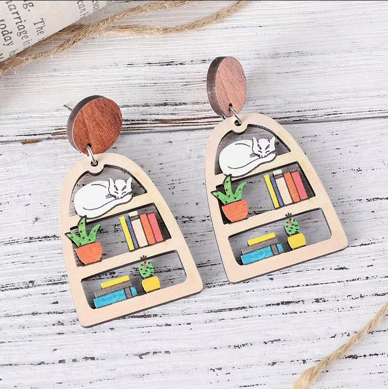 Book Store Cat Wood Earrings
