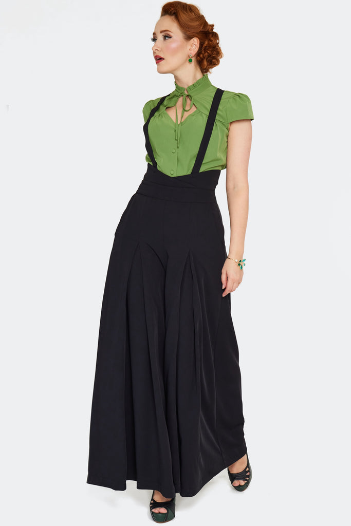 Wide Leg Suspender Pants: Black
