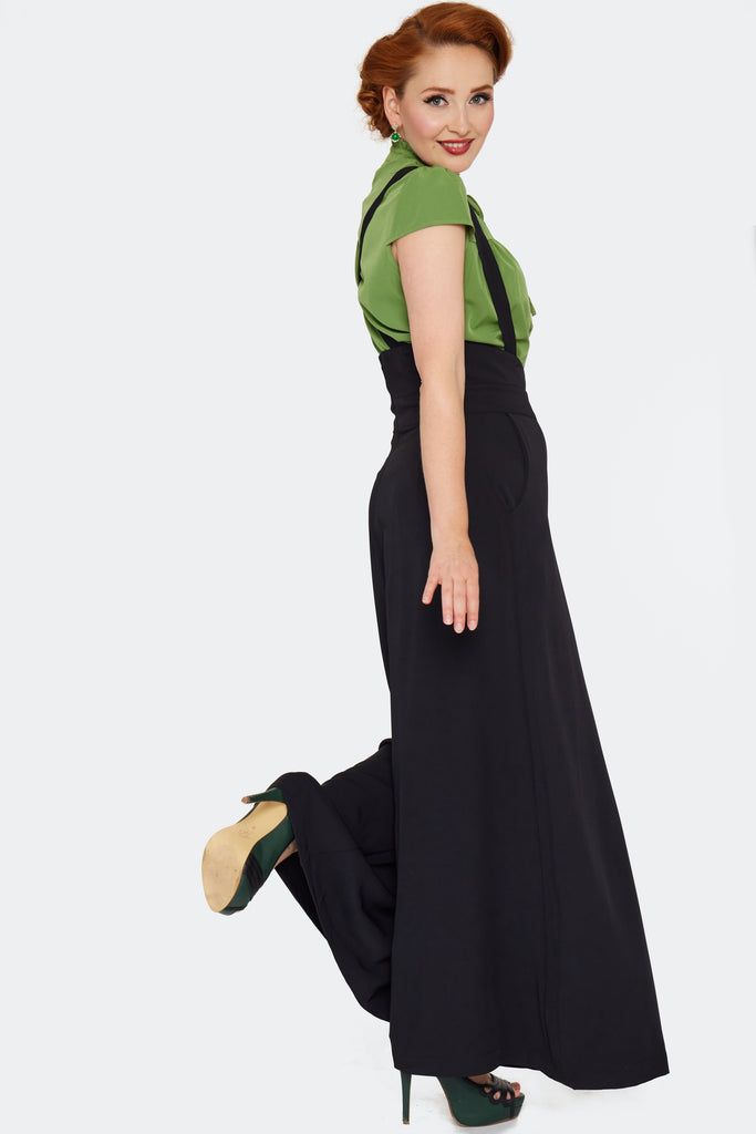 Wide Leg Suspender Pants: Black