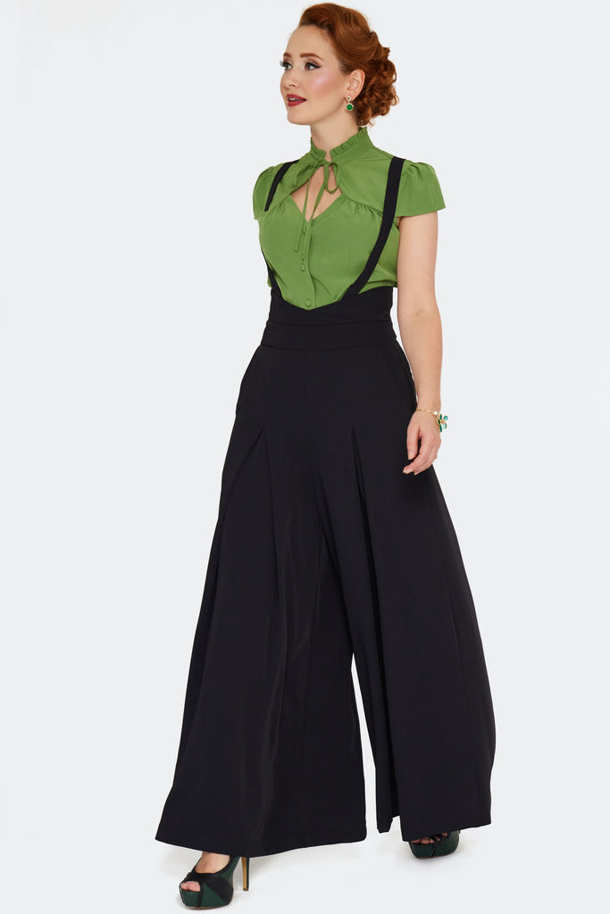 Wide Leg Suspender Pants: Black