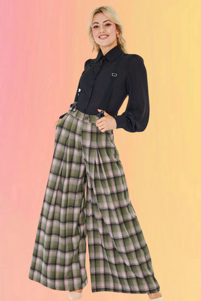 Plaid Flare Suspender Pants