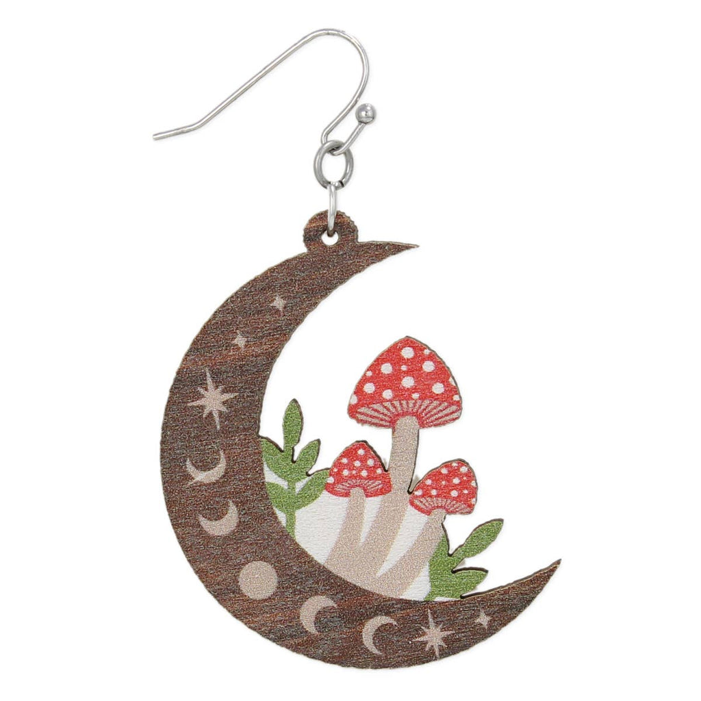 Wood Mushroom Moon Earrings