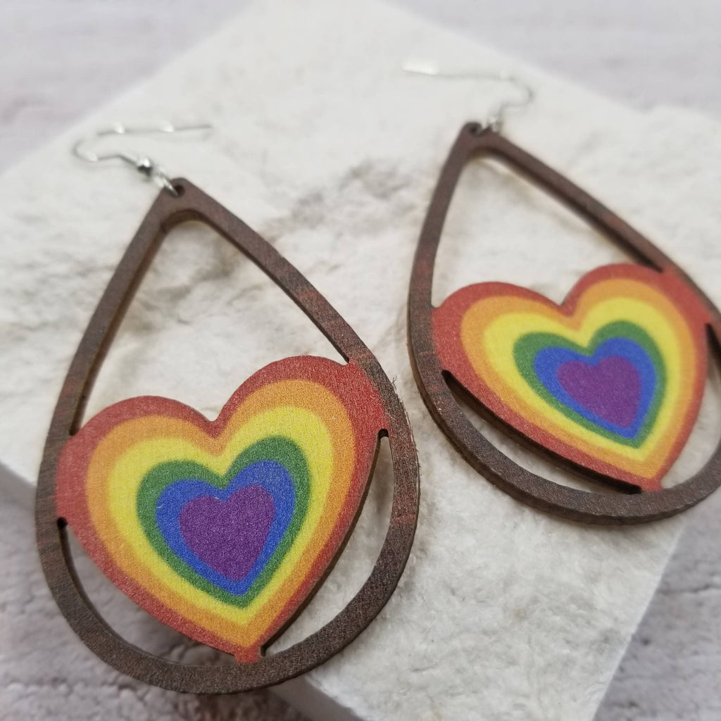 Rainbow Heart Wood Earrings