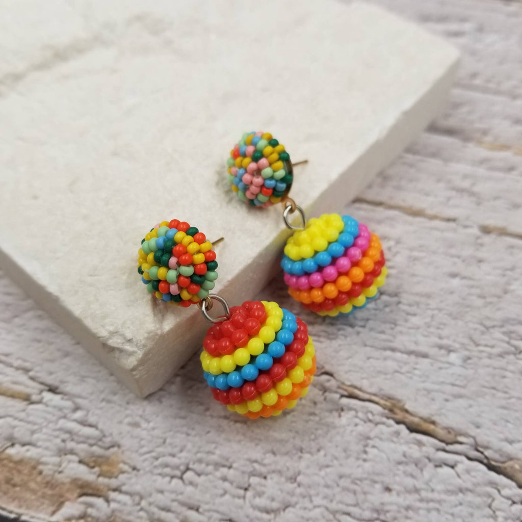 Seed Bead Drop Ball Earrings:
