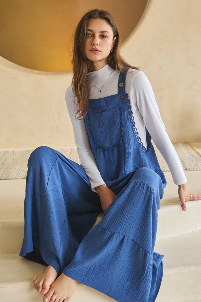 Tiered Wide Leg Overalls: Blue