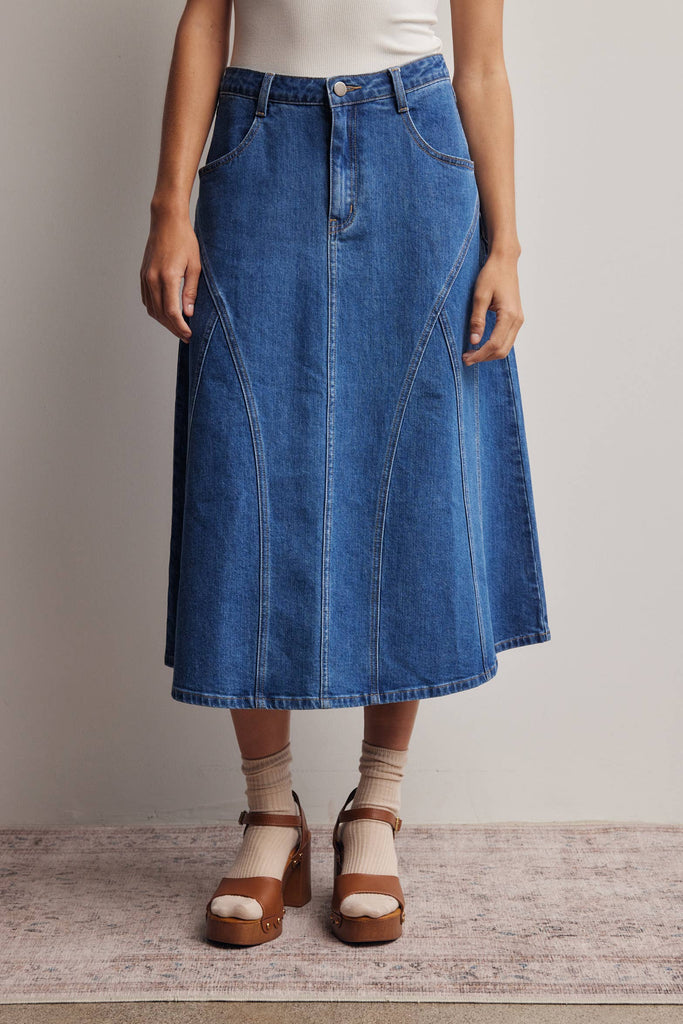 Paneled A-Line Stretch Denim Skirt