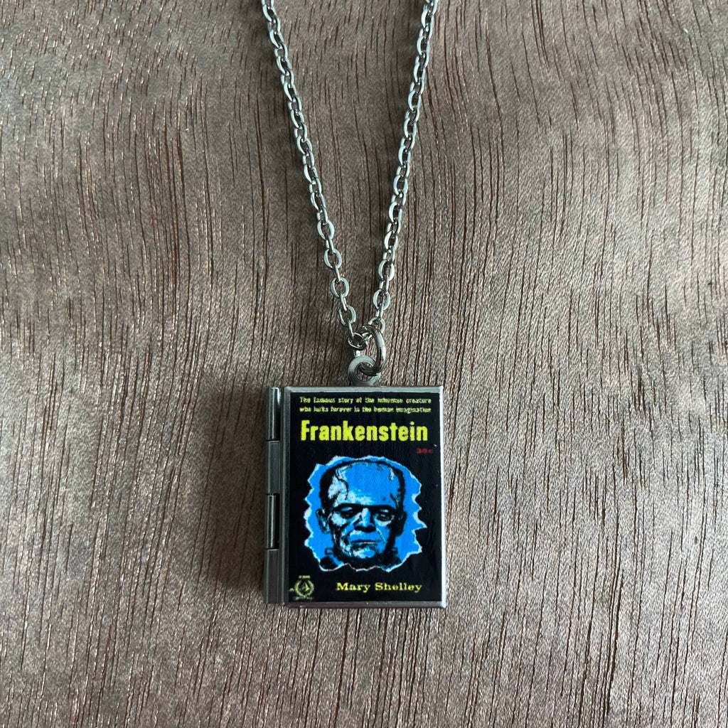 Book Locket Necklace - Frankenstein - Blue Portrait: Stainless Steel