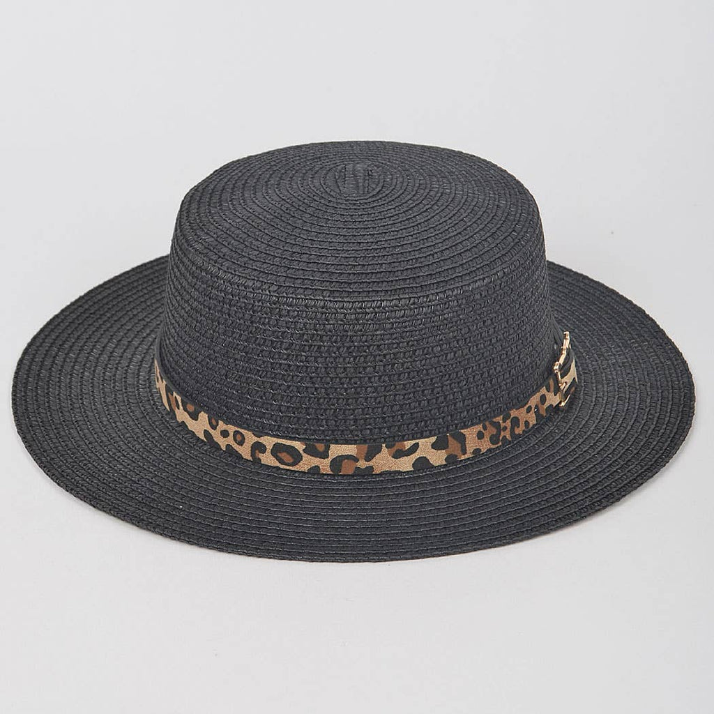 Faux Straw Hat W/Leo Band: Black