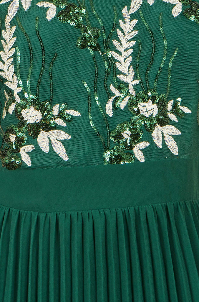 Green Sequin Embroidered Pleated Dress