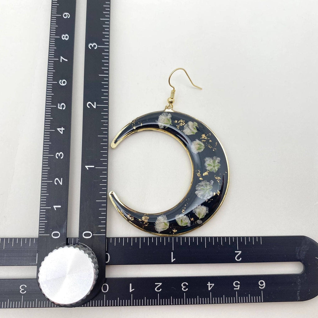 Baby's Breath Dried Flower Black Moon Earrings