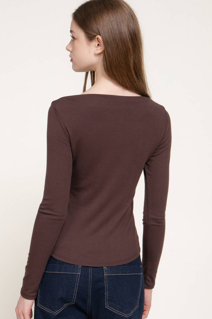 Boat Neck Brushed Rib Knit Top: Chocolate