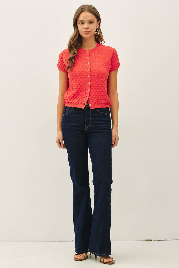 Pointelle Short Sleeve Cardi: Bright Tomatoe