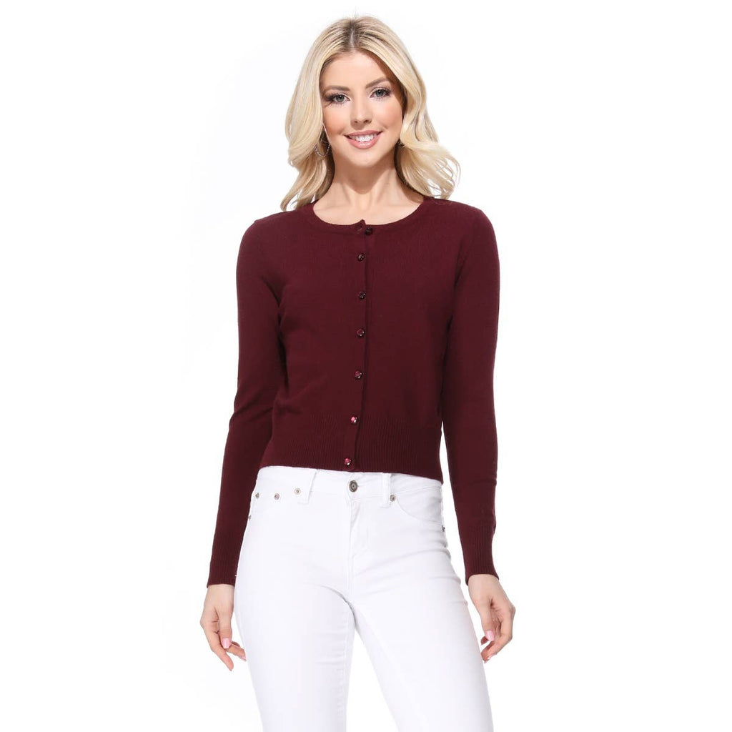 Long Sleeve Crewneck Cardi: Burgundy