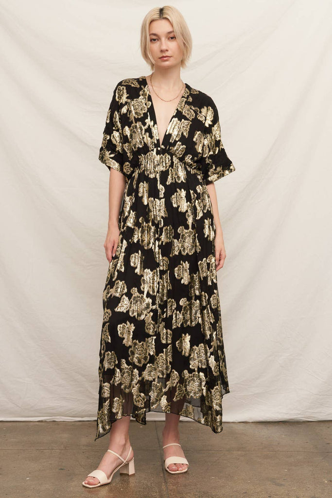 Gold Blossoms Kimono Maxi Dress