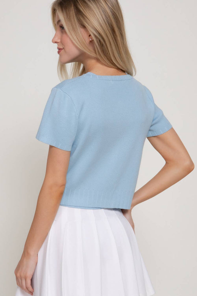 Short Sleeve Rainbow Button Cardi: Soft Blue