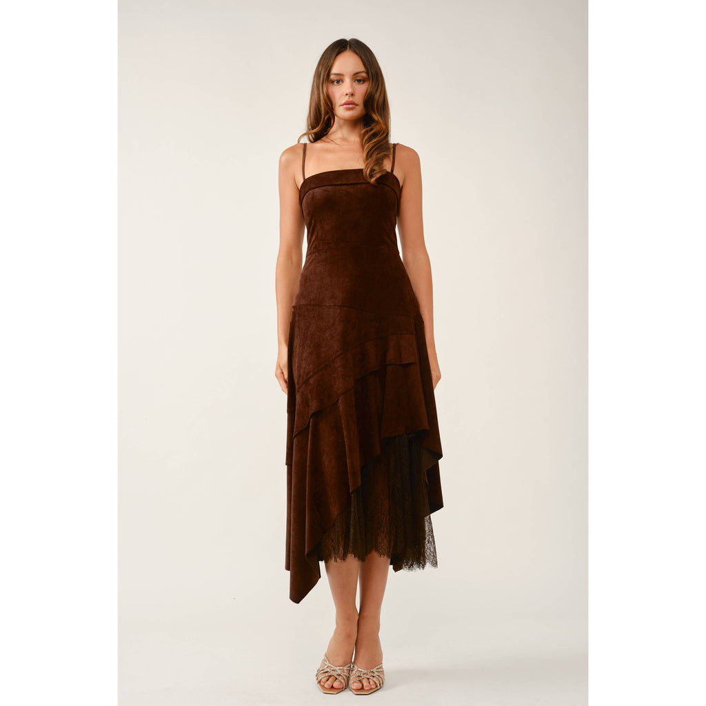 Chocolate Faux Suede And Lace Dress