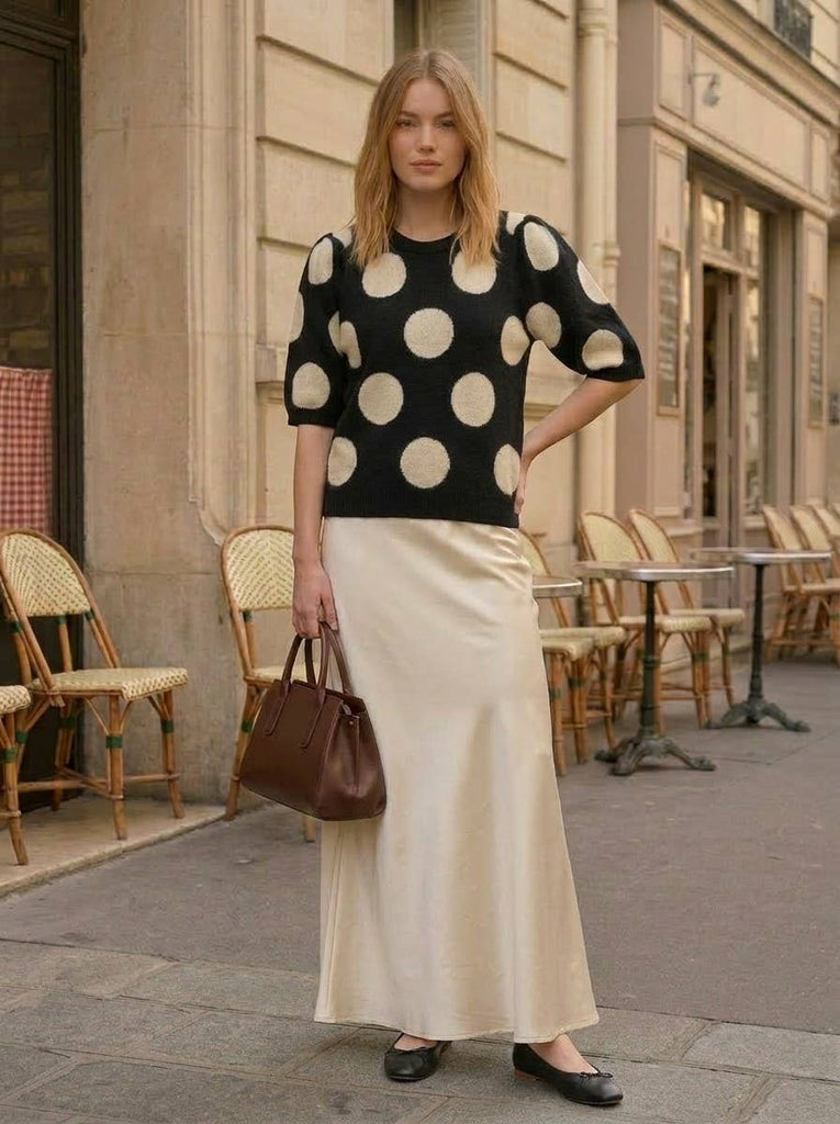 Polka Dot Short Sleeve Knitted Sweater