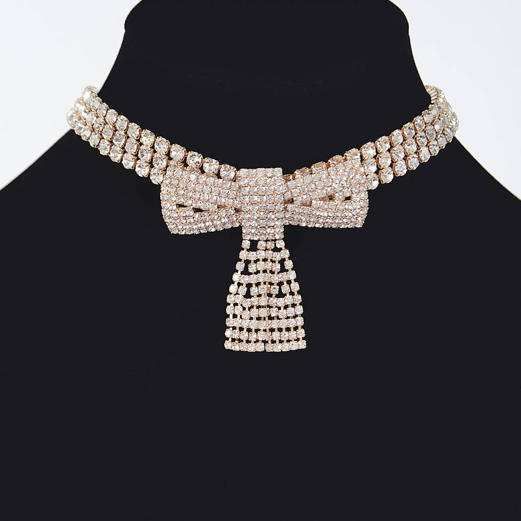Rhinestone Bow Choker: Gold