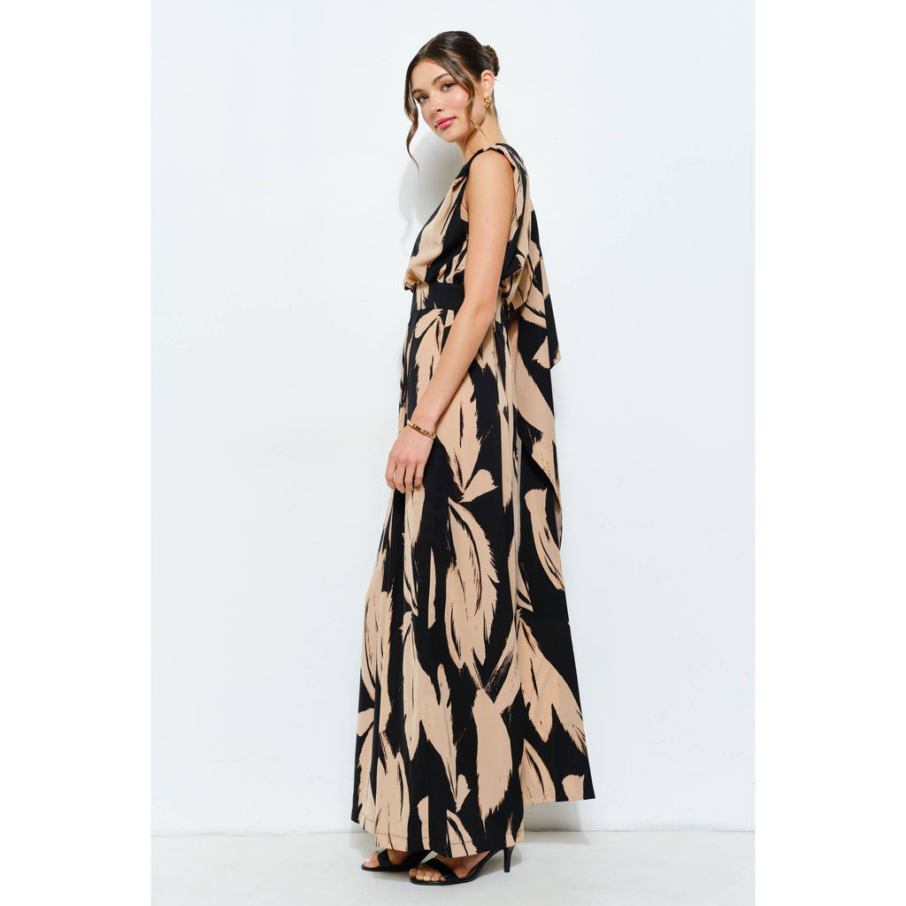 Abstract Draped Scarf-Neck Jumpsuit: