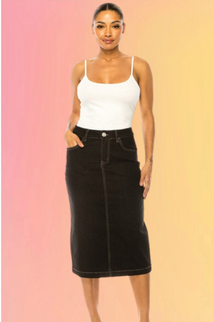 Black Denim Straight-Cut Skirt
