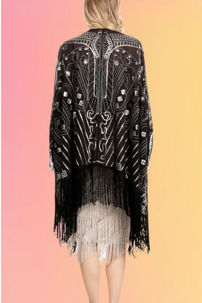 Deco Glam Beaded Shawl: Black-Silver