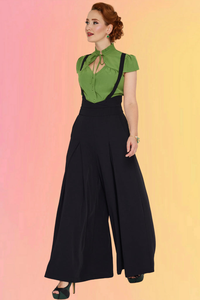 Wide Leg Suspender Pants: Black