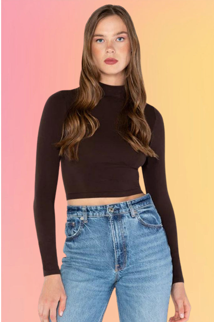 Bamboo Mock Neck Crop Top: Brown