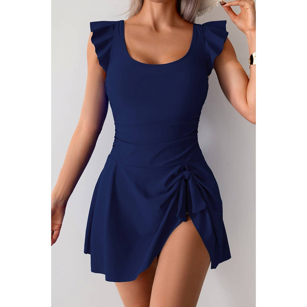 Ruffle Sleeve Swim Dress: Navy