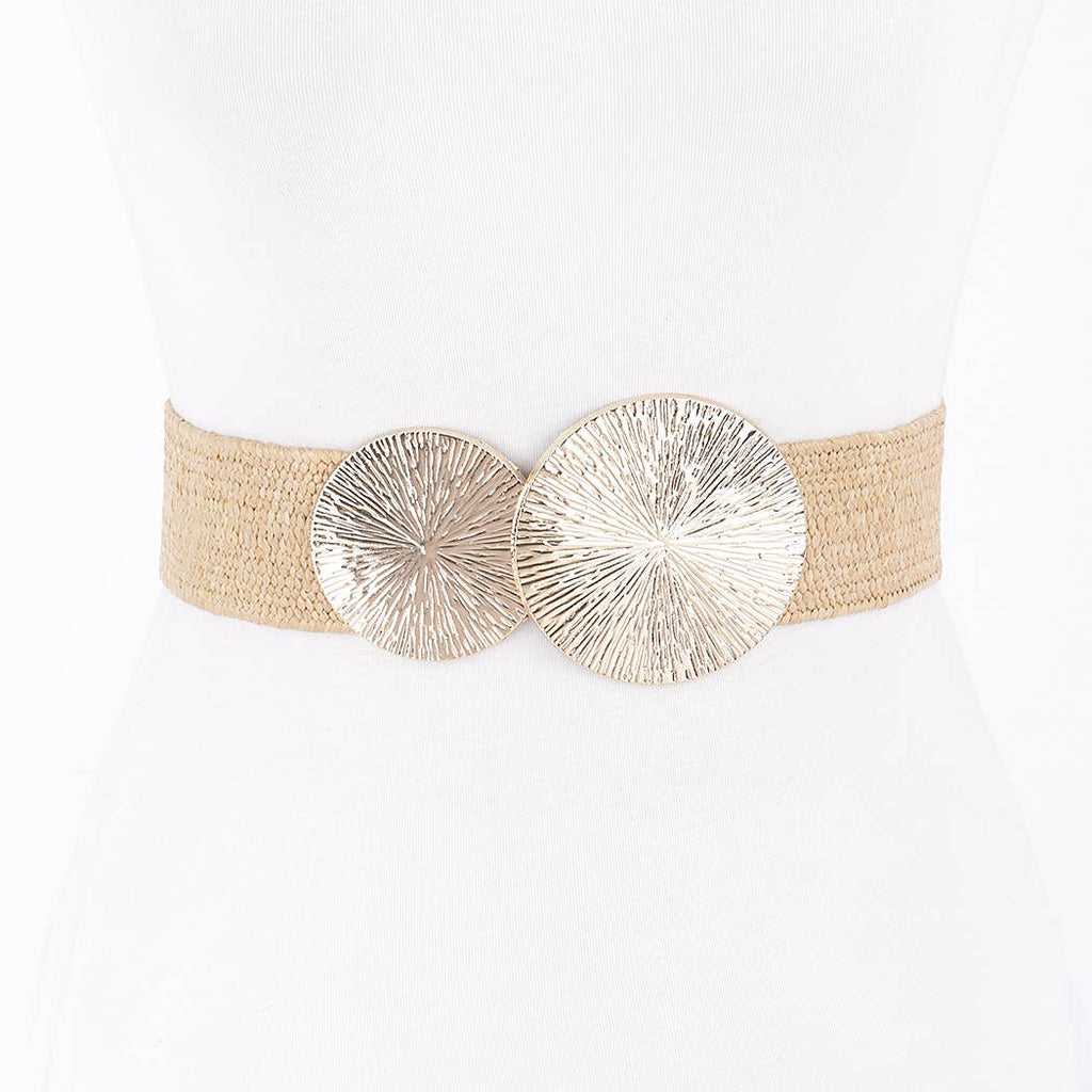 Round Buckle Stretch Rattan Belt: Gold