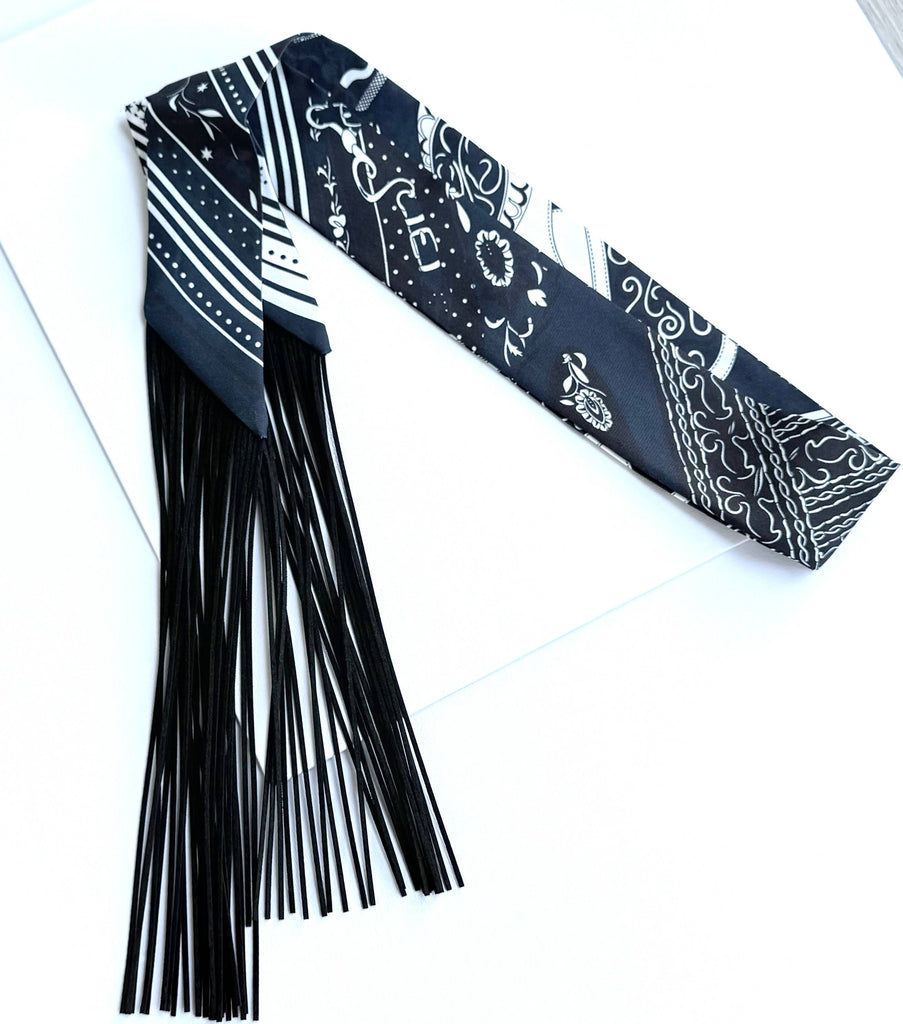 Fringe Scarf Belt Print Navy Black