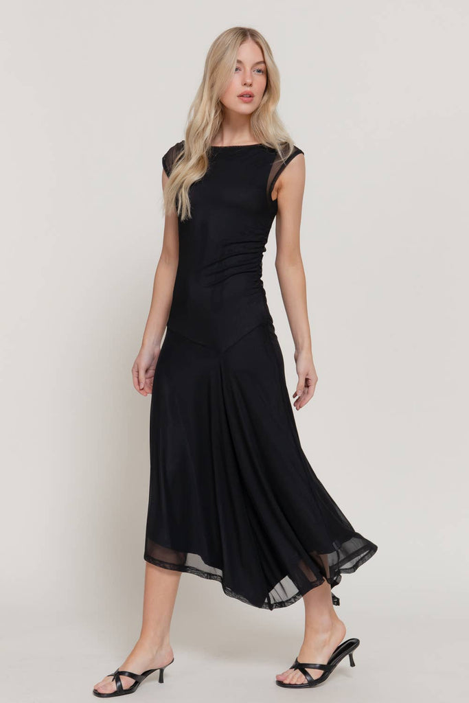 Asymmetric Gathered Mesh Midi Dress