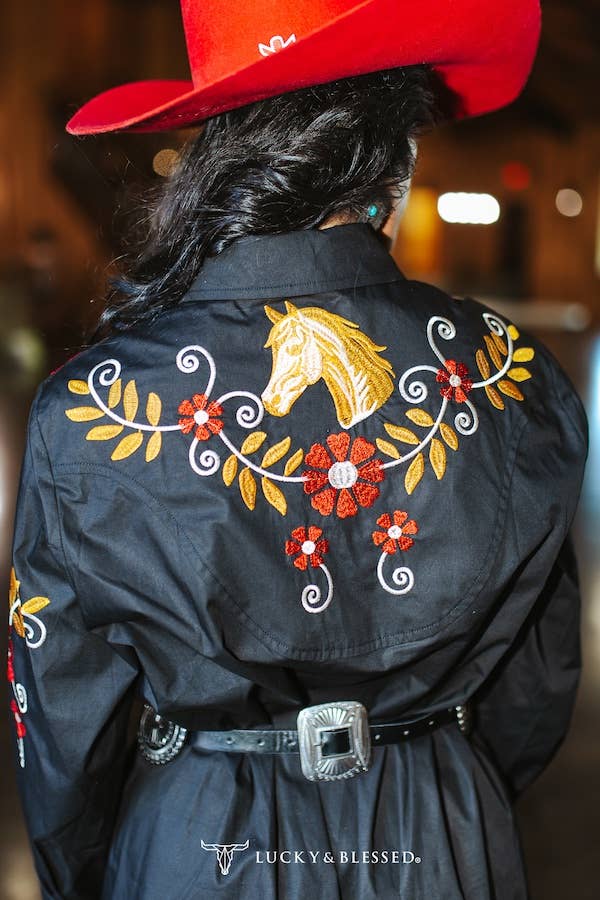 Horse Embroidered Pearl Snap Dess
