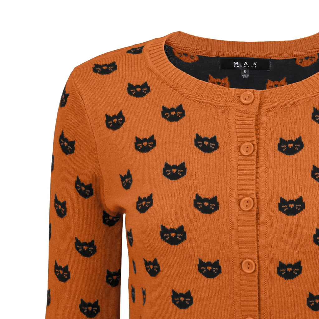 Crew Neck Cat Cardigan: Orange