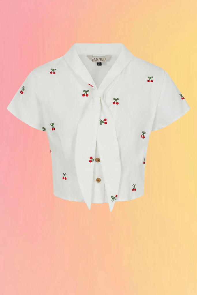 Cherry Embroidered Blouse: White