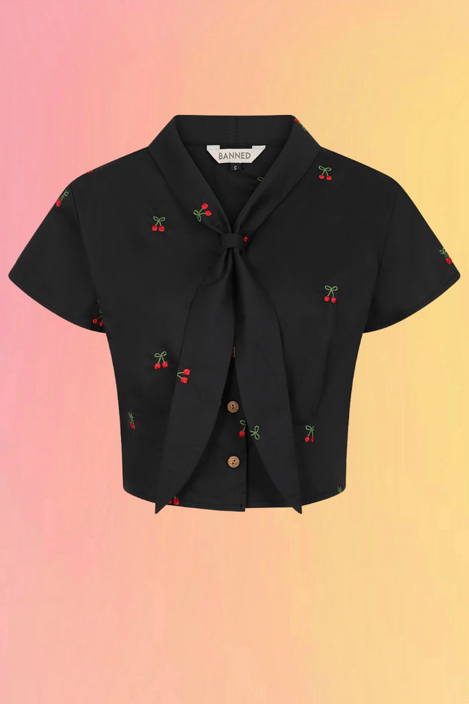Cherry Embroidered Blouse: Black