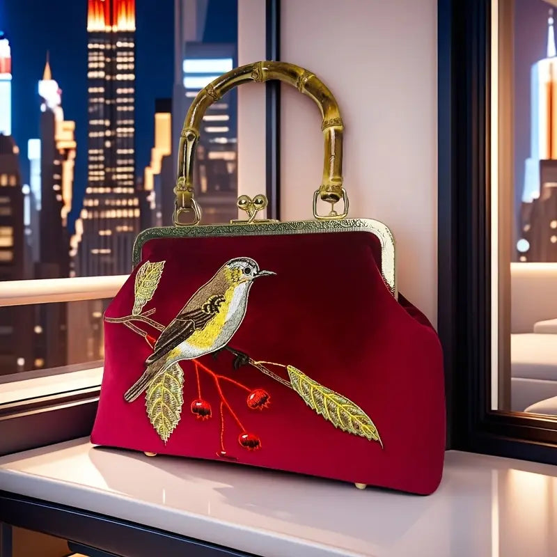Embroidered Bird Velvet Bag