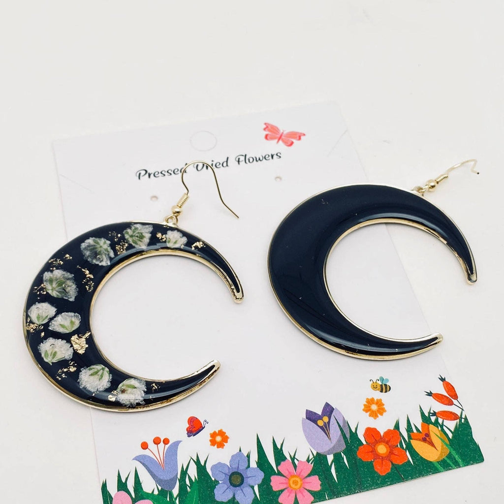 Baby's Breath Dried Flower Black Moon Earrings