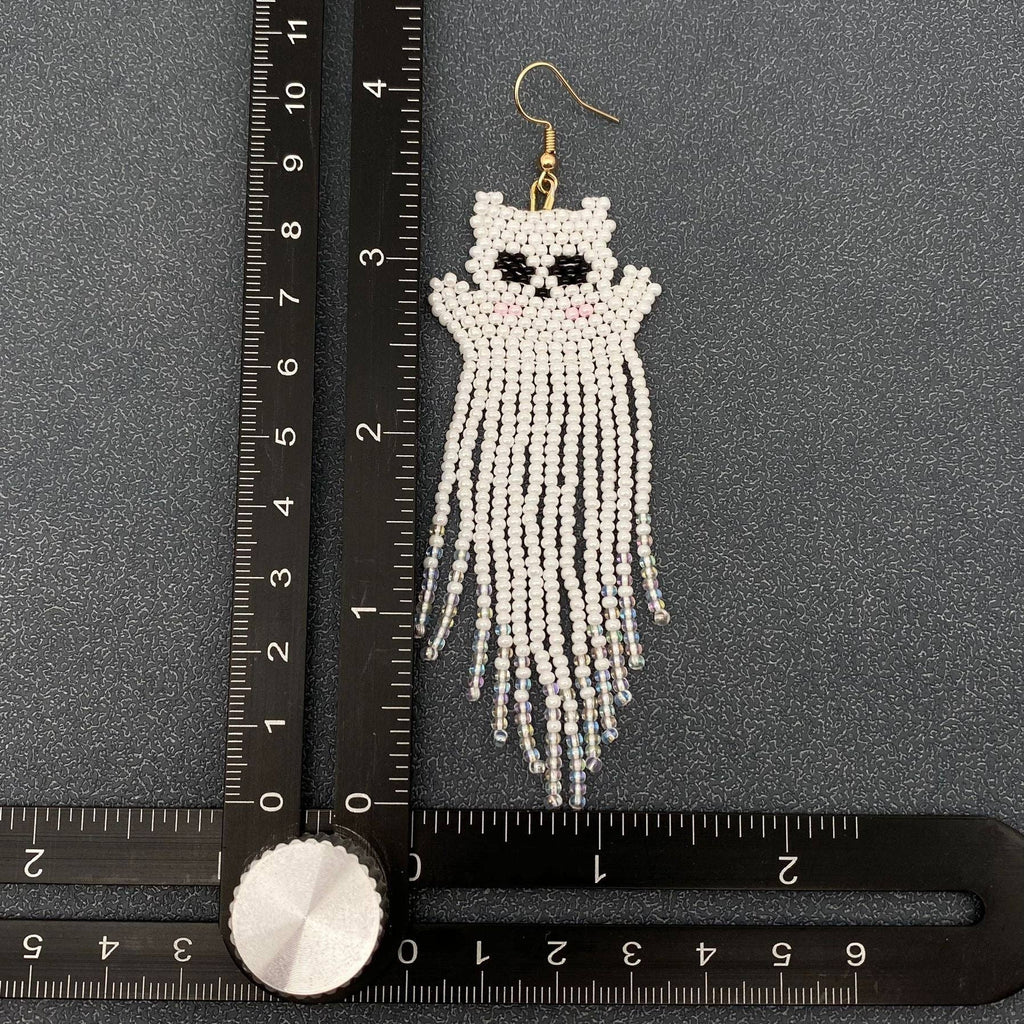 Ghost Cat Bead Fringe Earrings