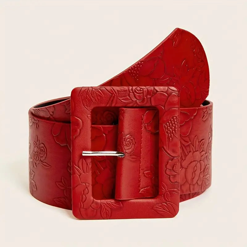 Embossed Faux Leather Belt: Red