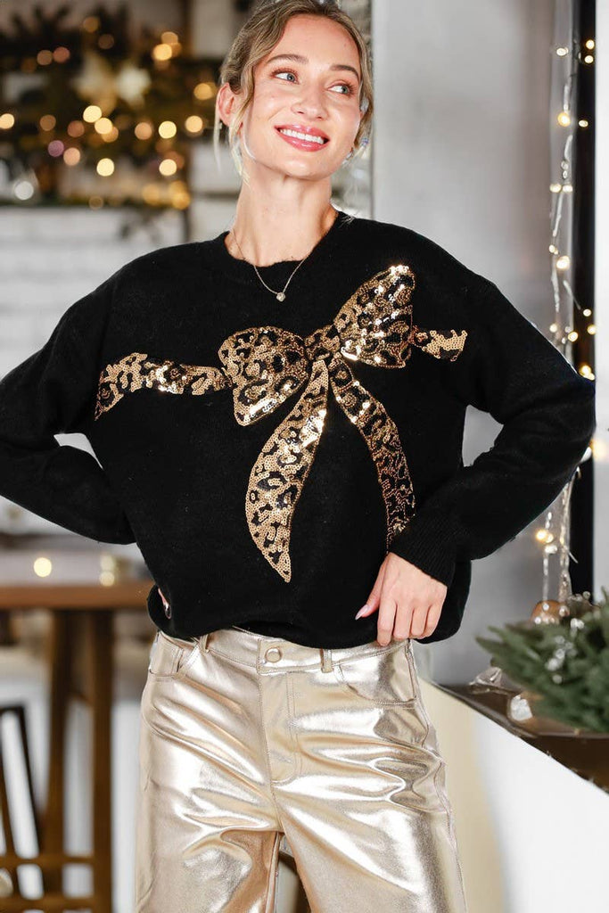 Leopard Sequin Bow Sweater