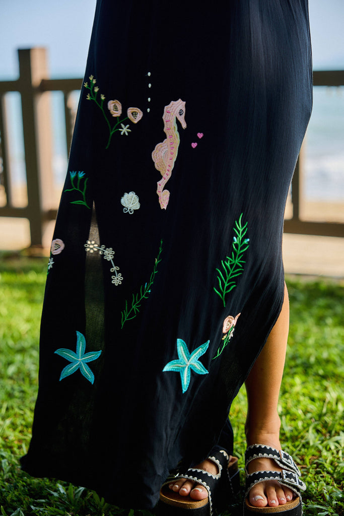 Seahorse Embroidered Caftan Dress