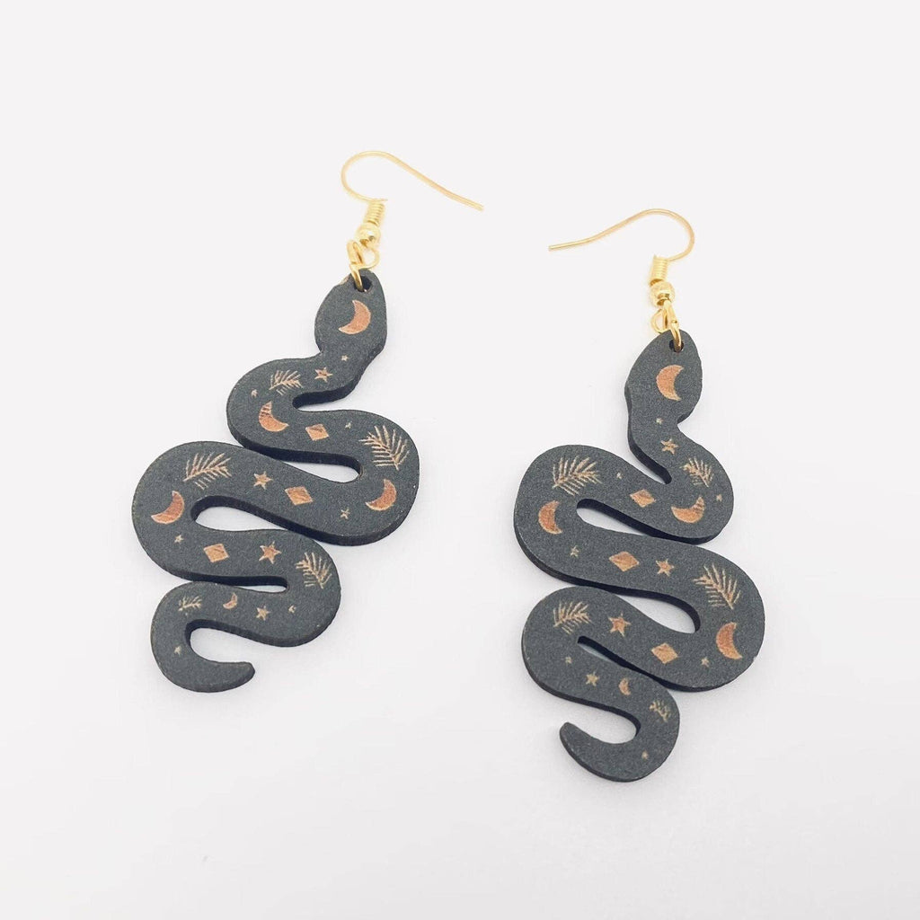 Moon Snake Wooden Earrings