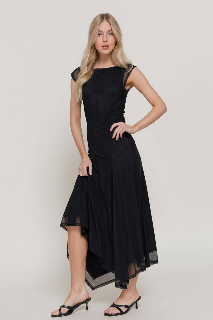 Asymmetric Gathered Mesh Midi Dress