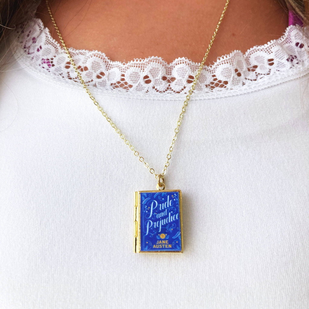 Book Locket Necklace - Pride and Prejudice - New Blue: Brass