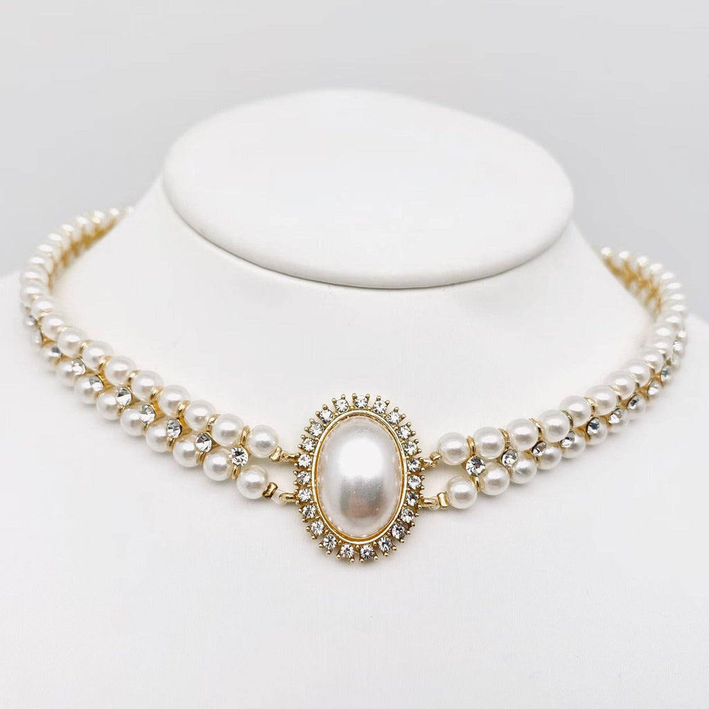 Layer Pearl Rhinestone Choker Necklace