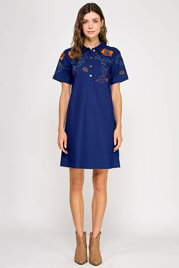 Embroidered Denim Mini Dress