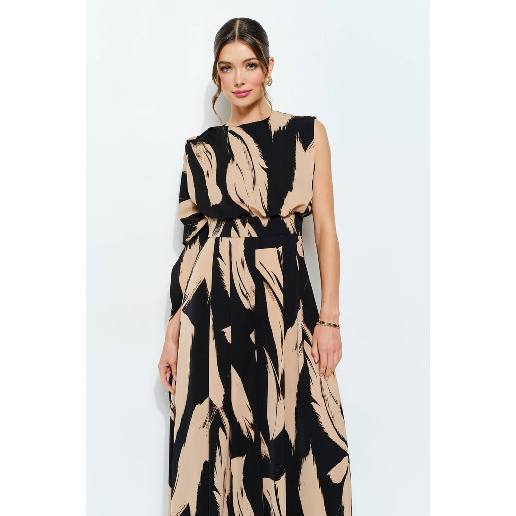 Abstract Draped Scarf-Neck Jumpsuit: