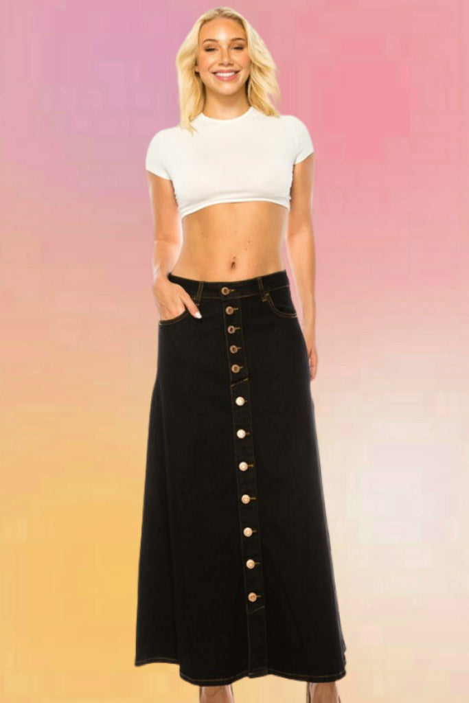 Button Front Black Denim Maxi Skirt