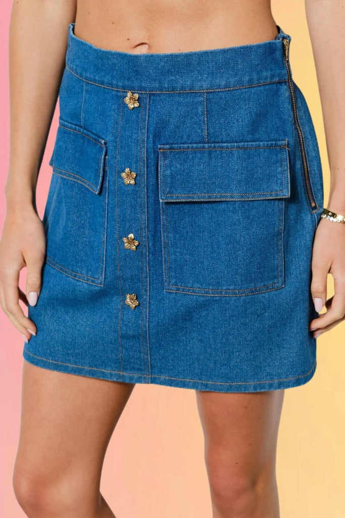 Gold Floral Button Denim Mini Skirt