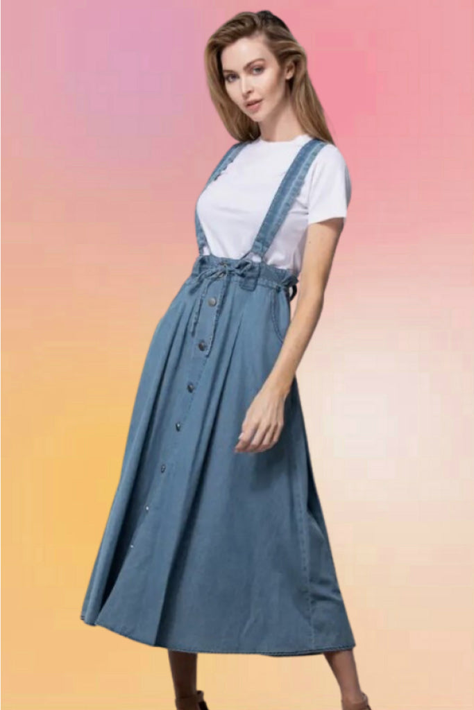 Denim Suspender Flowy Skirt